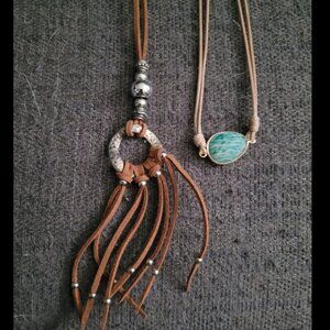 2 Necklaces, Native and Surfer - Leather Strap And Rope Strap - Blue Larimar Gem